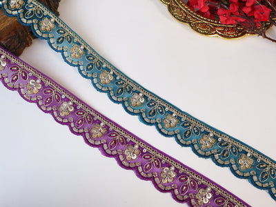 9 Yards - Purple/ Peacock Green Scalloped Beadswork Lace