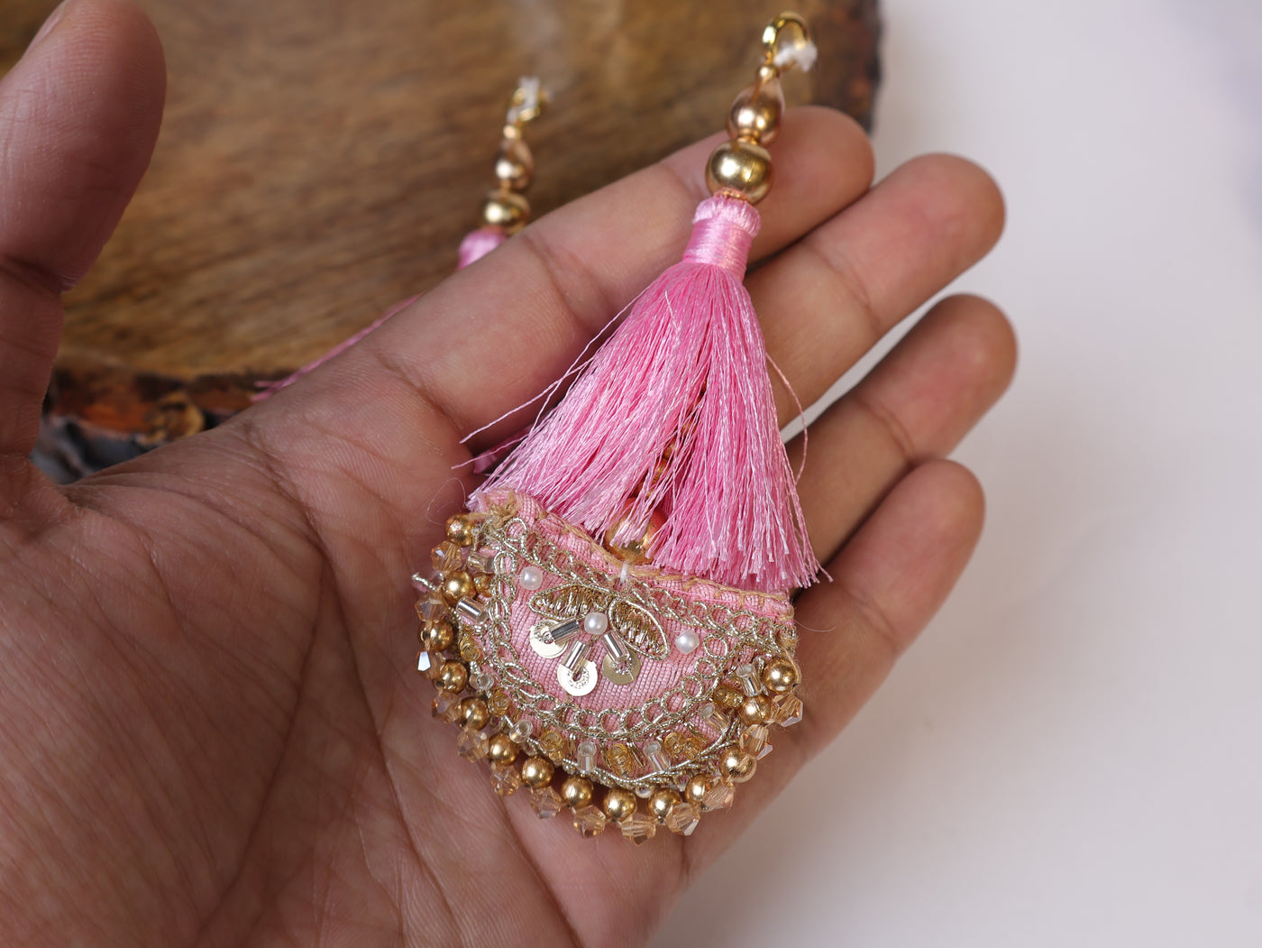 Pink Fringe Thread Tassel Latkan, Pair of Indian Latkan Hanging - 1 Pair
