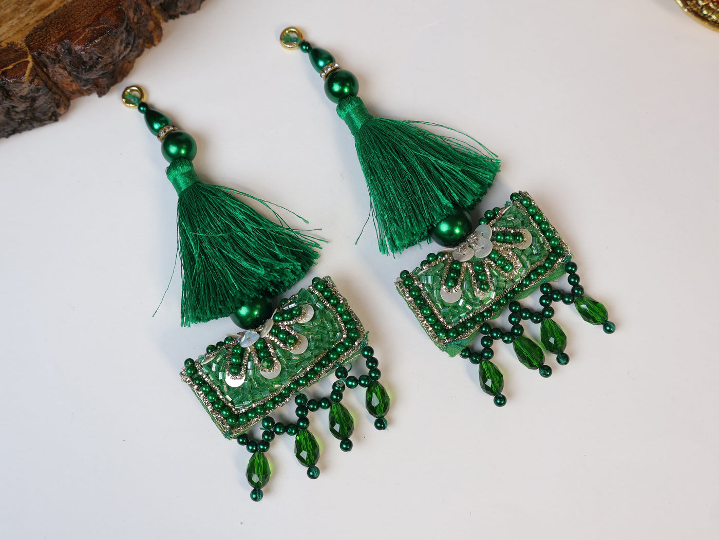 Emerald Green Beaded Tassel Latkan, Pair of Indian Latkan - 1 Pair