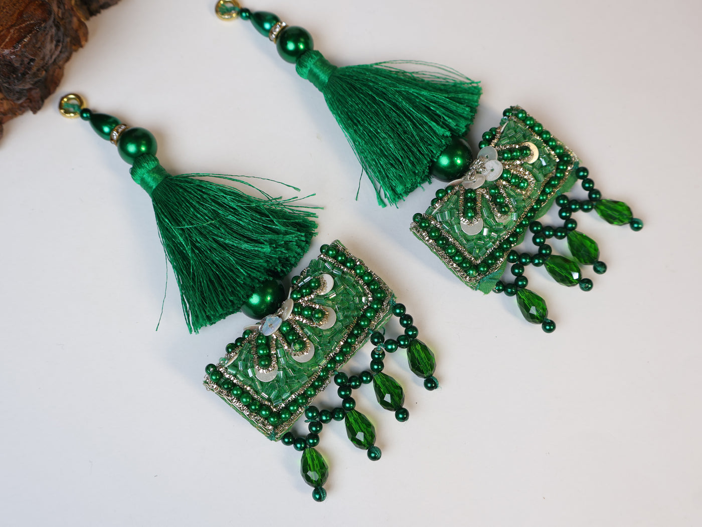 Emerald Green Beaded Tassel Latkan, Pair of Indian Latkan - 1 Pair