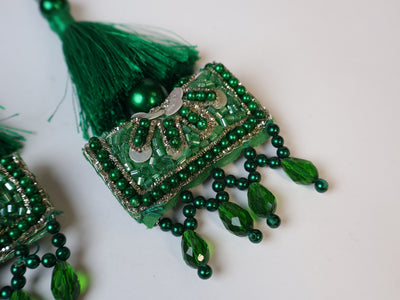 Emerald Green Beaded Tassel Latkan, Pair of Indian Latkan - 1 Pair