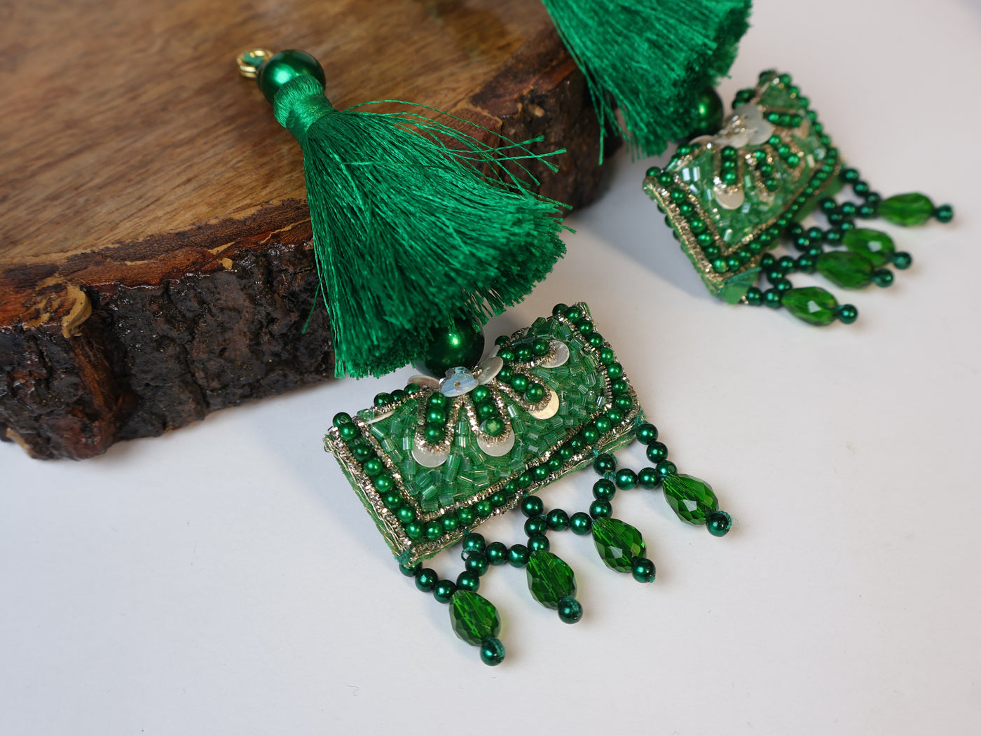 Emerald Green Beaded Tassel Latkan, Pair of Indian Latkan - 1 Pair