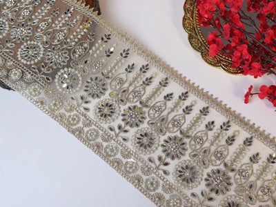 1 Yard - White Gold Wide Border Lace Trim, Handwork Mirror