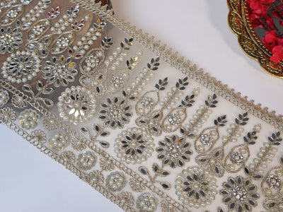 1 Yard - White Gold Wide Border Lace Trim, Handwork Mirror