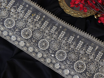 1 Yard - White Gold Wide Border Lace Trim, Handwork Mirror