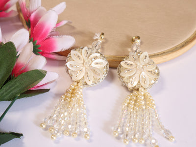1 Pair Creme Gold Crystal & Pearl Multi String Hanging Tassel Latkan