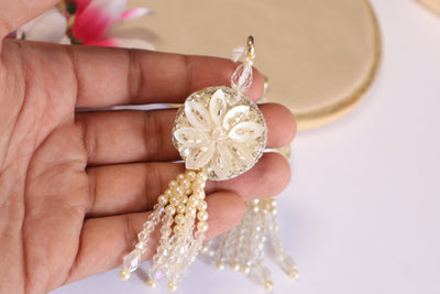 1 Pair Creme Gold Crystal & Pearl Multi String Hanging Tassel Latkan