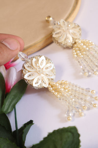 1 Pair Creme Gold Crystal & Pearl Multi String Hanging Tassel Latkan