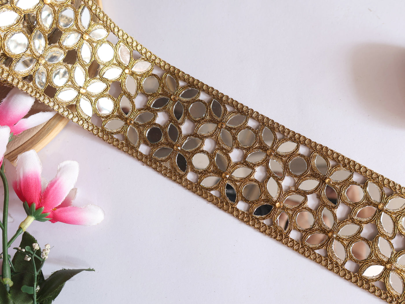 Dark Golden Symmetric Cutwork Mirror Trim 5.5 cm Wide by Yard