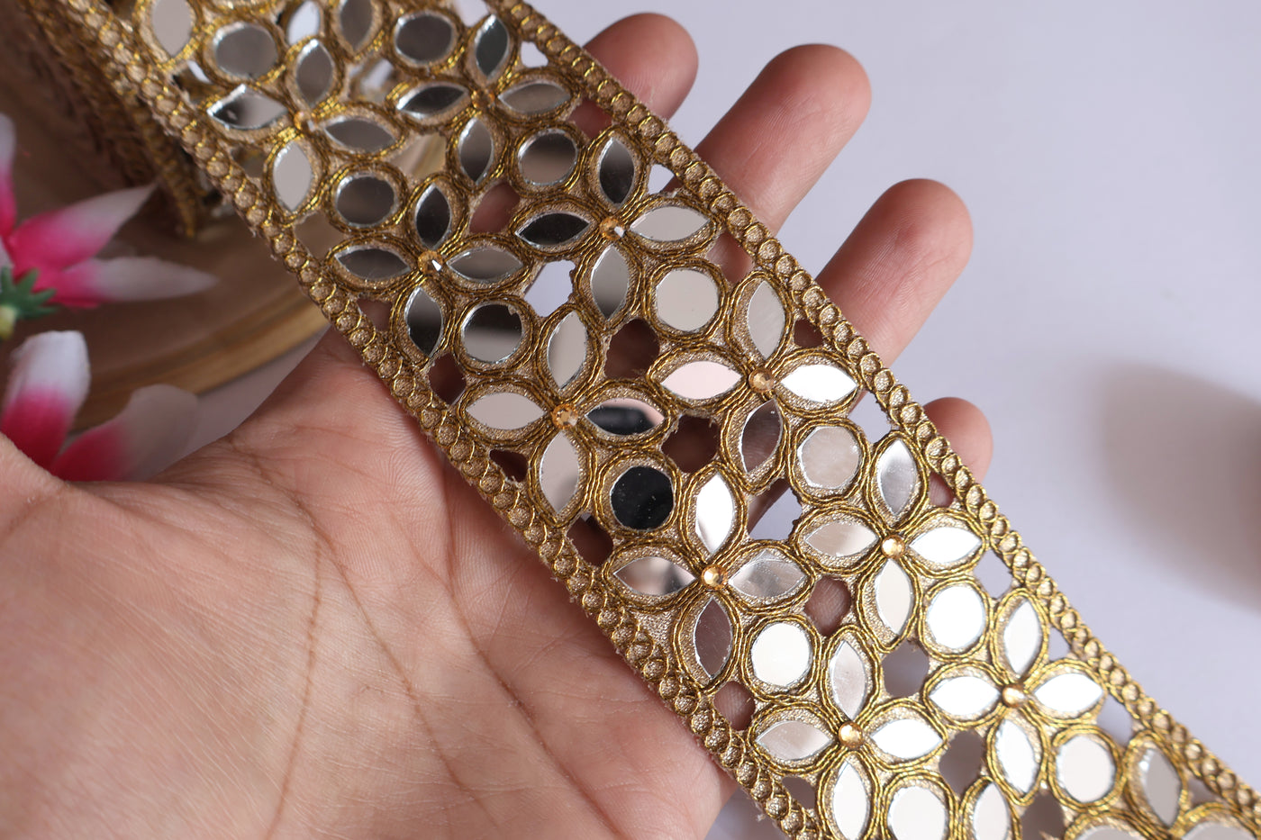 Dark Golden Symmetric Cutwork Mirror Trim 5.5 cm Wide by Yard