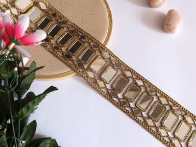 Dark Gold Rectangular Mirror Lace Trim 5.5 cm Wide by Yard