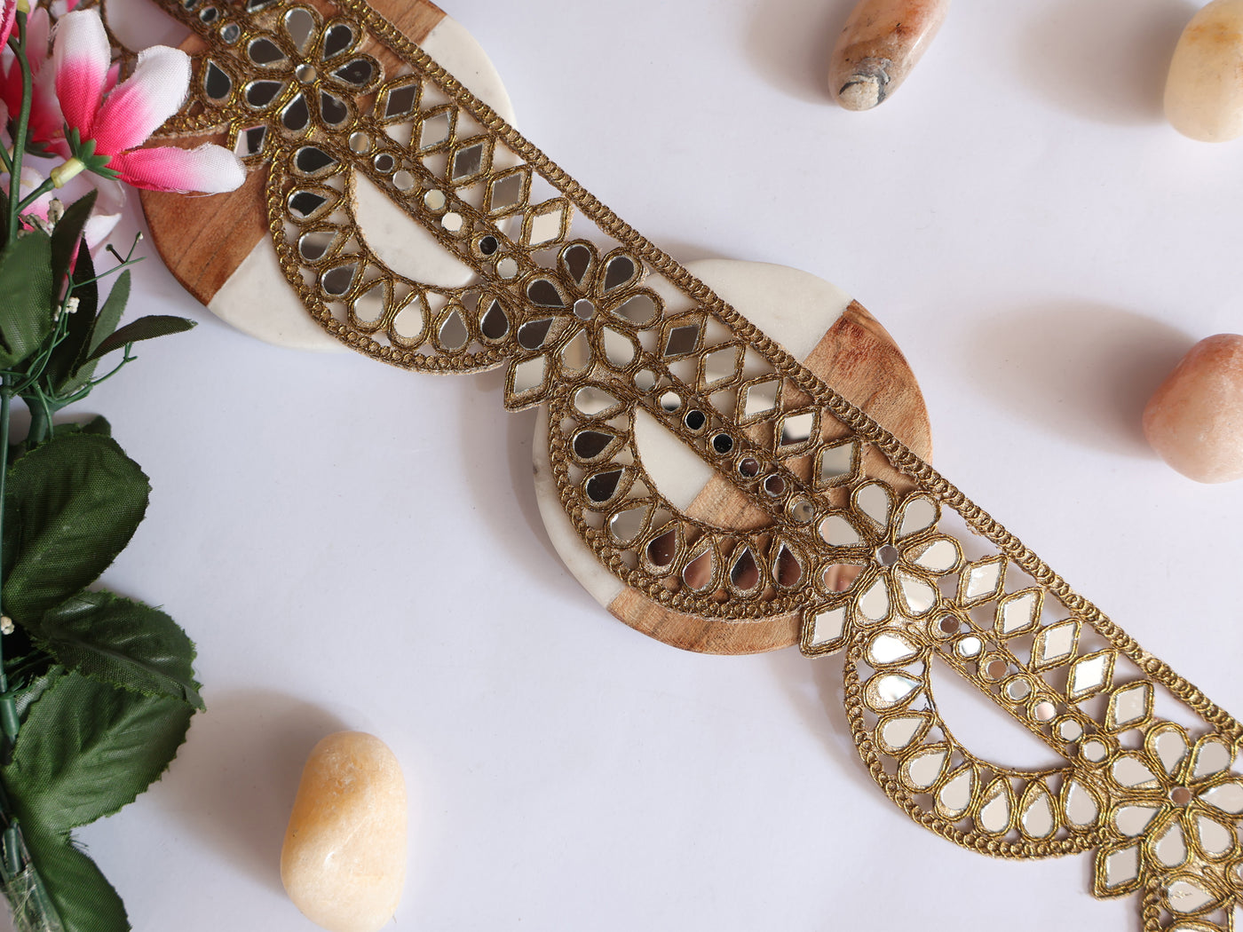 Golden Jali Pattern Scalloped Mirror Trim 7 cm Wide - 1 Yard