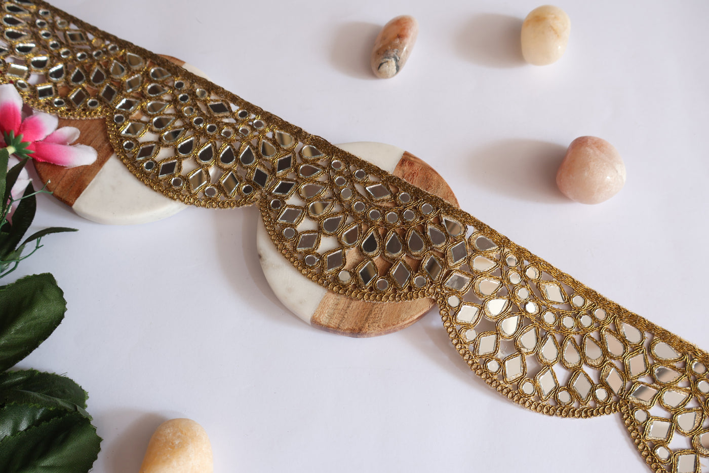 Golden Mirrorwork Scalloped Trim Lace, Indian Cutwork Lace - 1 Yard