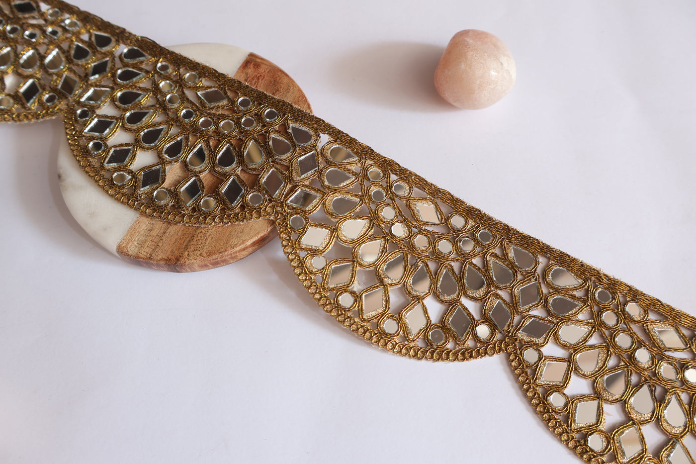 Golden Mirrorwork Scalloped Trim Lace, Indian Cutwork Lace - 1 Yard