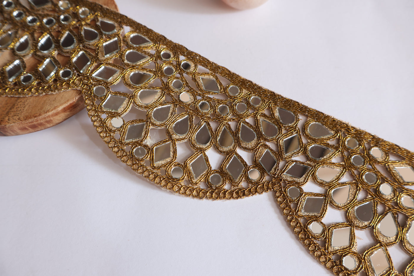 Golden Mirrorwork Scalloped Trim Lace, Indian Cutwork Lace - 1 Yard