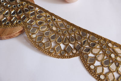 Golden Mirrorwork Scalloped Trim Lace, Indian Cutwork Lace - 1 Yard