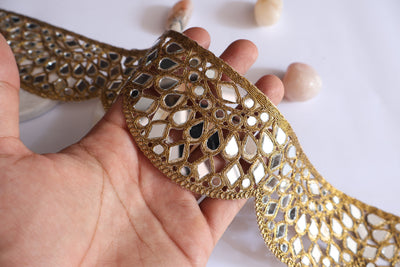 Golden Mirrorwork Scalloped Trim Lace, Indian Cutwork Lace - 1 Yard