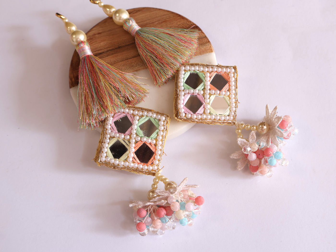 Square Mirror Pastel Color Hanging Tassel Latkan - 1 Pair