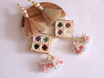 Square Mirror Pastel Color Hanging Tassel Latkan - 1 Pair