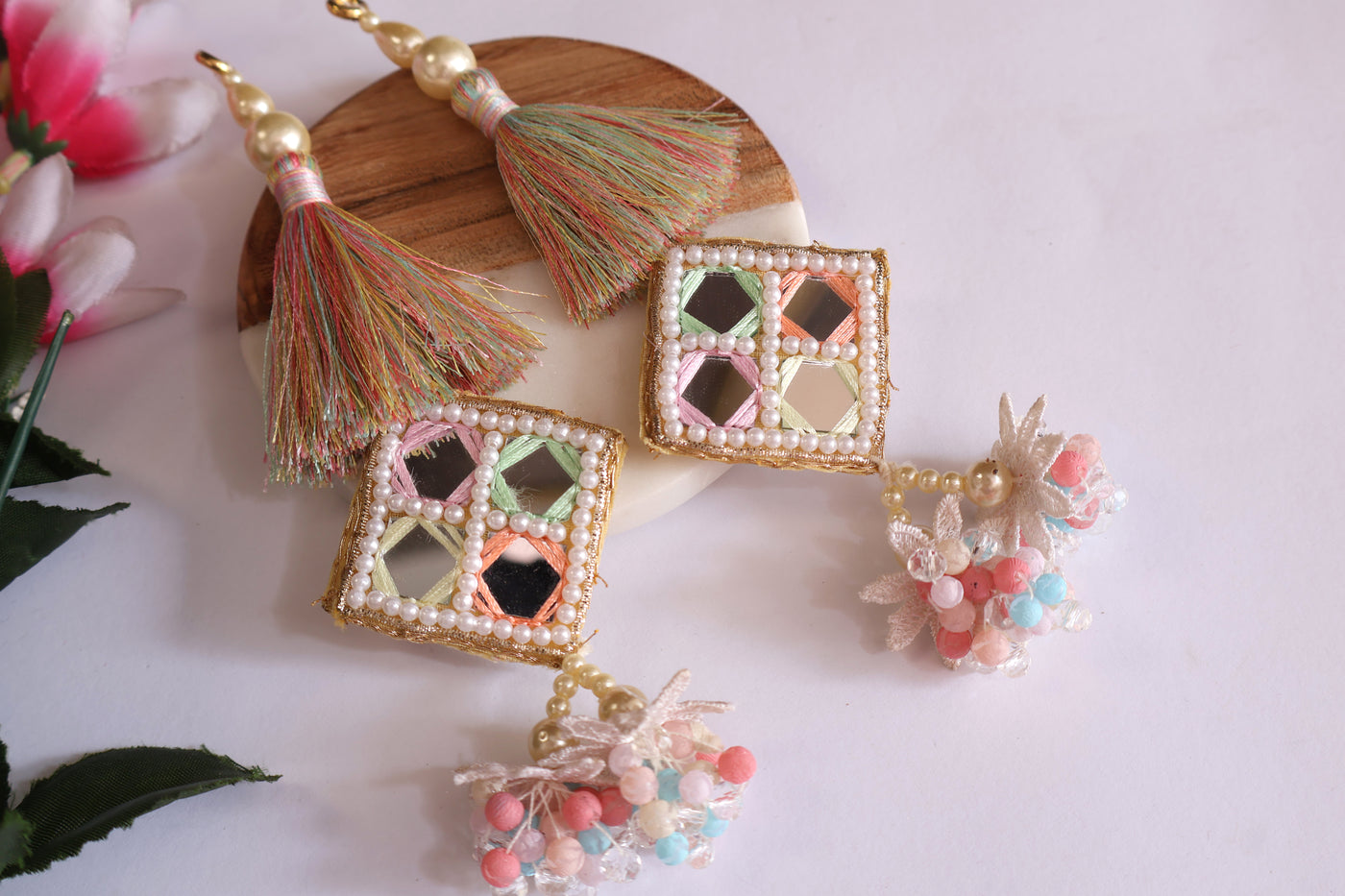 Square Mirror Pastel Color Hanging Tassel Latkan - 1 Pair