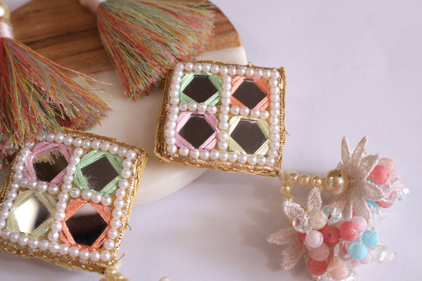 Square Mirror Pastel Color Hanging Tassel Latkan - 1 Pair