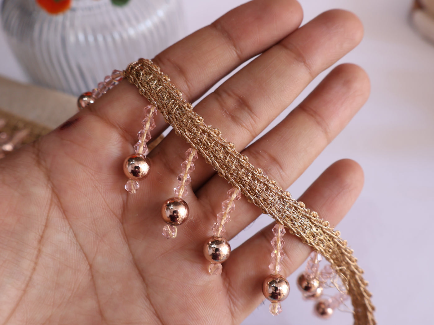 3 Yards - Gold/ Rose Gold Crystal & Pearl Fringe Trim 3.5cm Wide