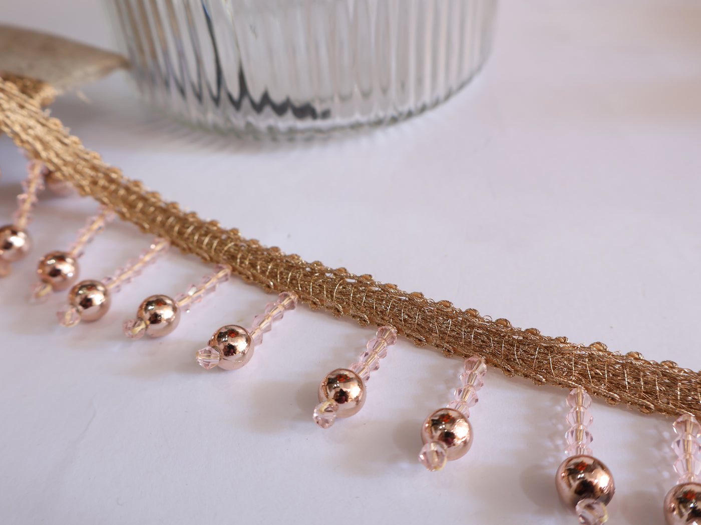 3 Yards - Gold/ Rose Gold Crystal & Pearl Fringe Trim 3.5cm Wide