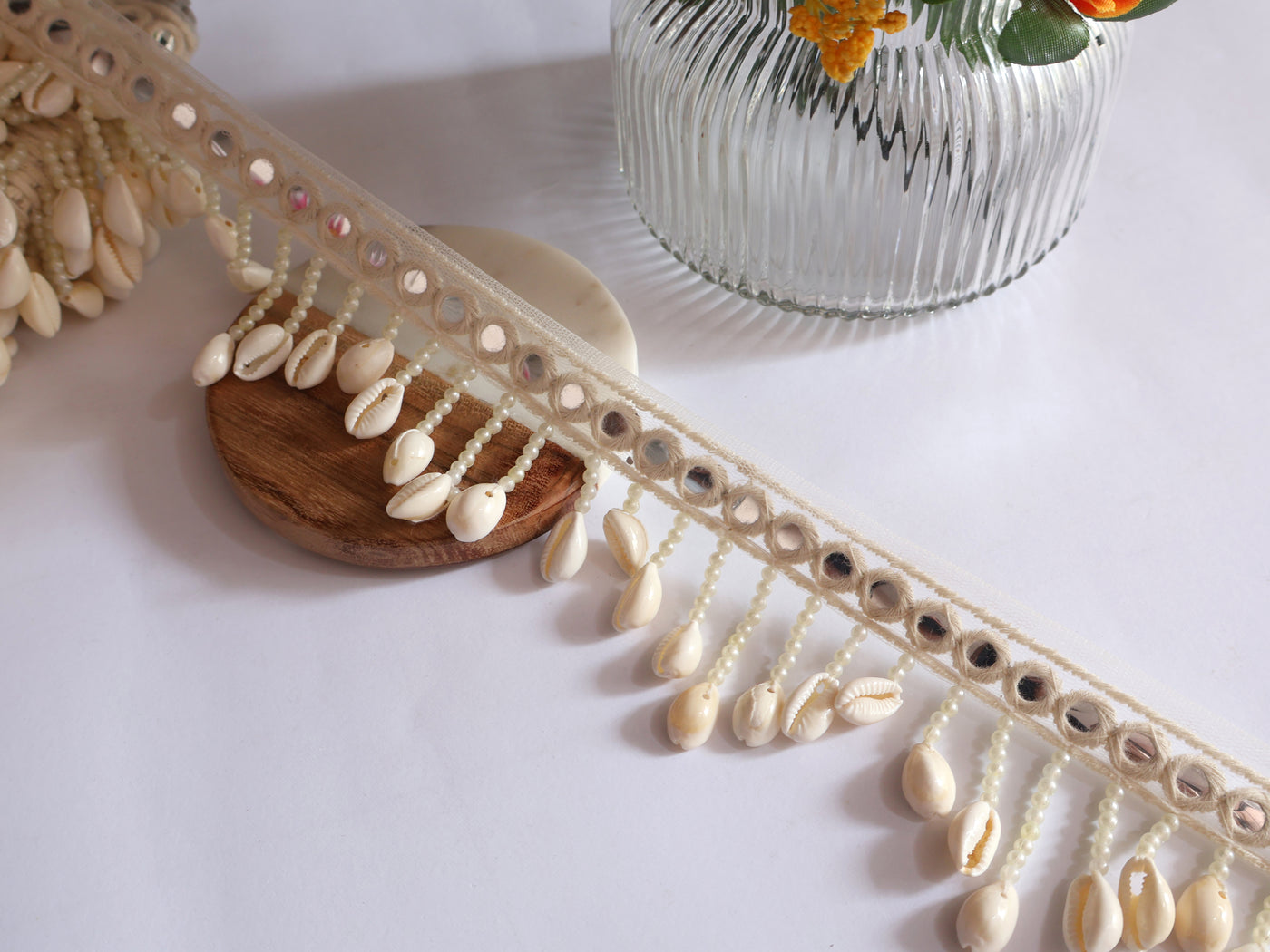 4 Yards - Cowrie Shell Pearl & Faux Mirror Suspended Scallop Beaded Trim
