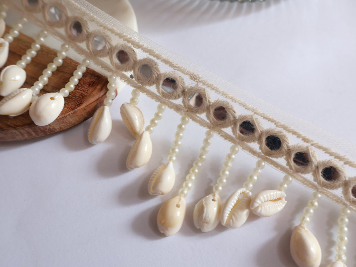 4 Yards - Cowrie Shell Pearl & Faux Mirror Suspended Scallop Beaded Trim