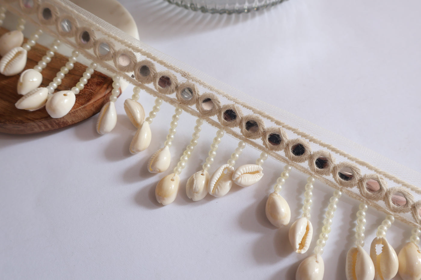 4 Yards - Cowrie Shell Pearl & Faux Mirror Suspended Scallop Beaded Trim