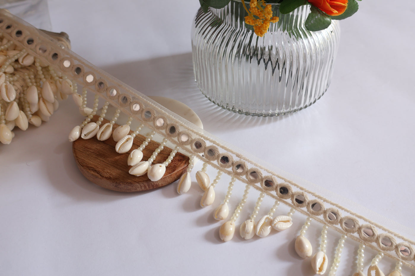 4 Yards - Cowrie Shell Pearl & Faux Mirror Suspended Scallop Beaded Trim