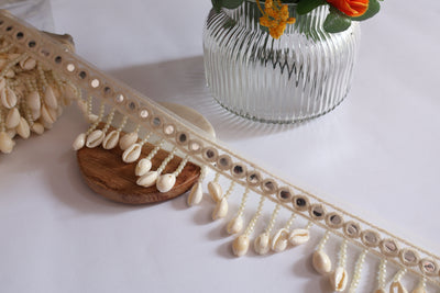 4 Yards - Cowrie Shell Pearl & Faux Mirror Suspended Scallop Beaded Trim