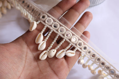 4 Yards - Cowrie Shell Pearl & Faux Mirror Suspended Scallop Beaded Trim