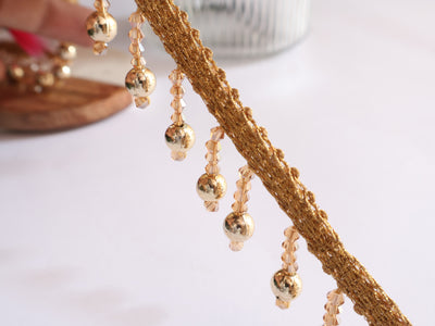 3 Yards - Gold/ Rose Gold Crystal & Pearl Fringe Trim 3.5cm Wide