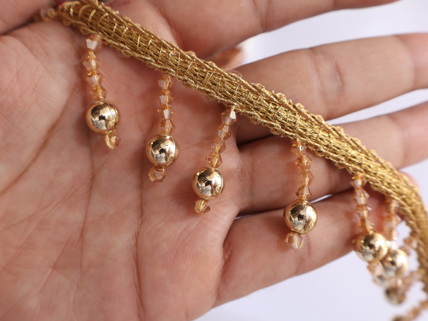 3 Yards - Gold/ Rose Gold Crystal & Pearl Fringe Trim 3.5cm Wide