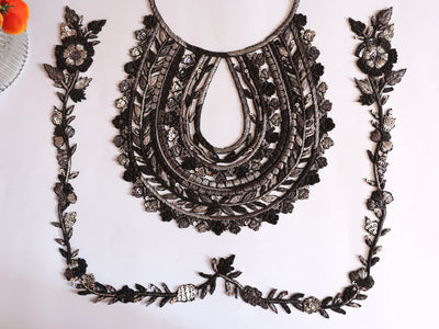 Silver Black Neckline Sew on Patch with Trim Vine Strip