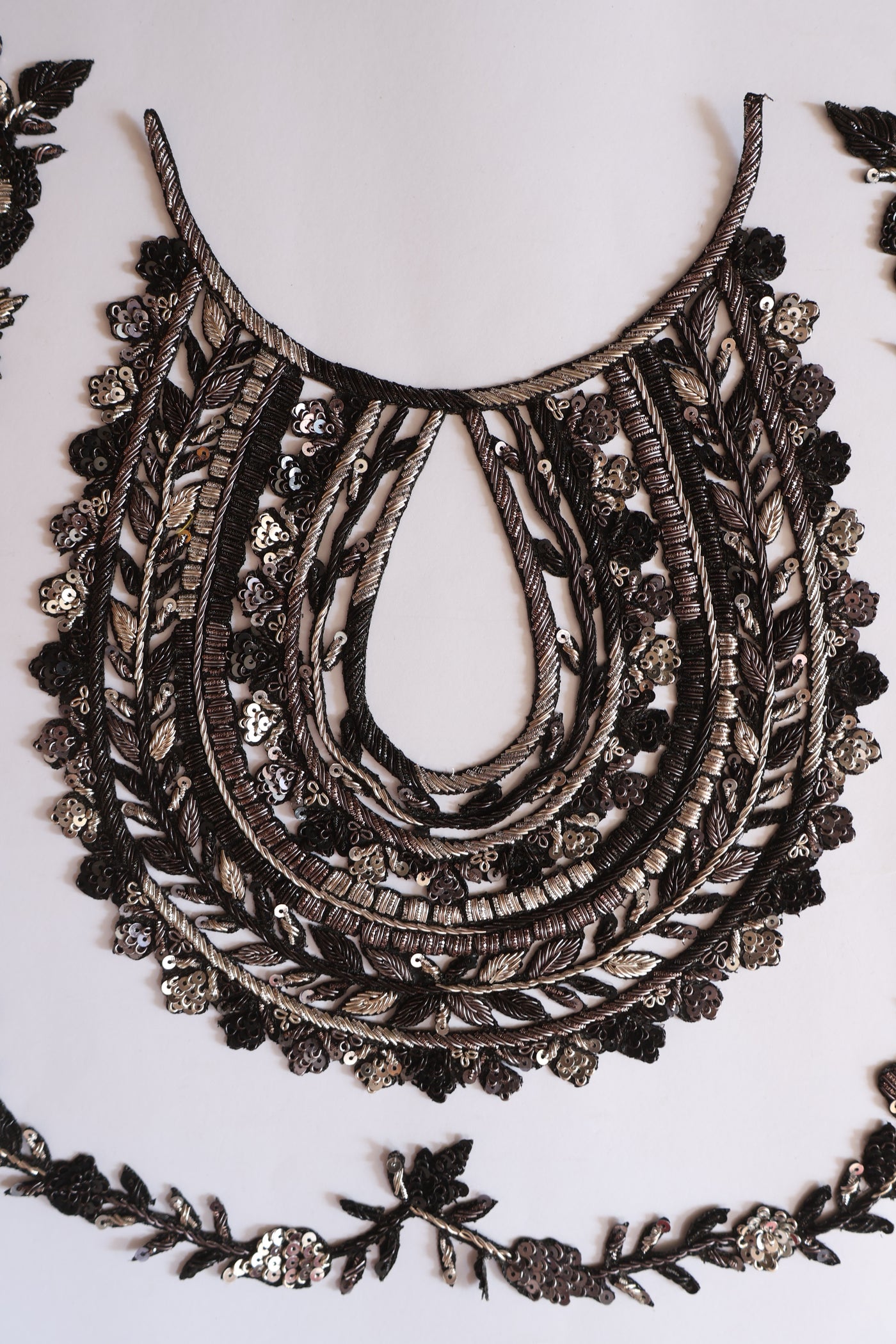 Silver Black Neckline Sew on Patch with Trim Vine Strip