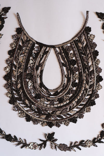 Silver Black Neckline Sew on Patch with Trim Vine Strip