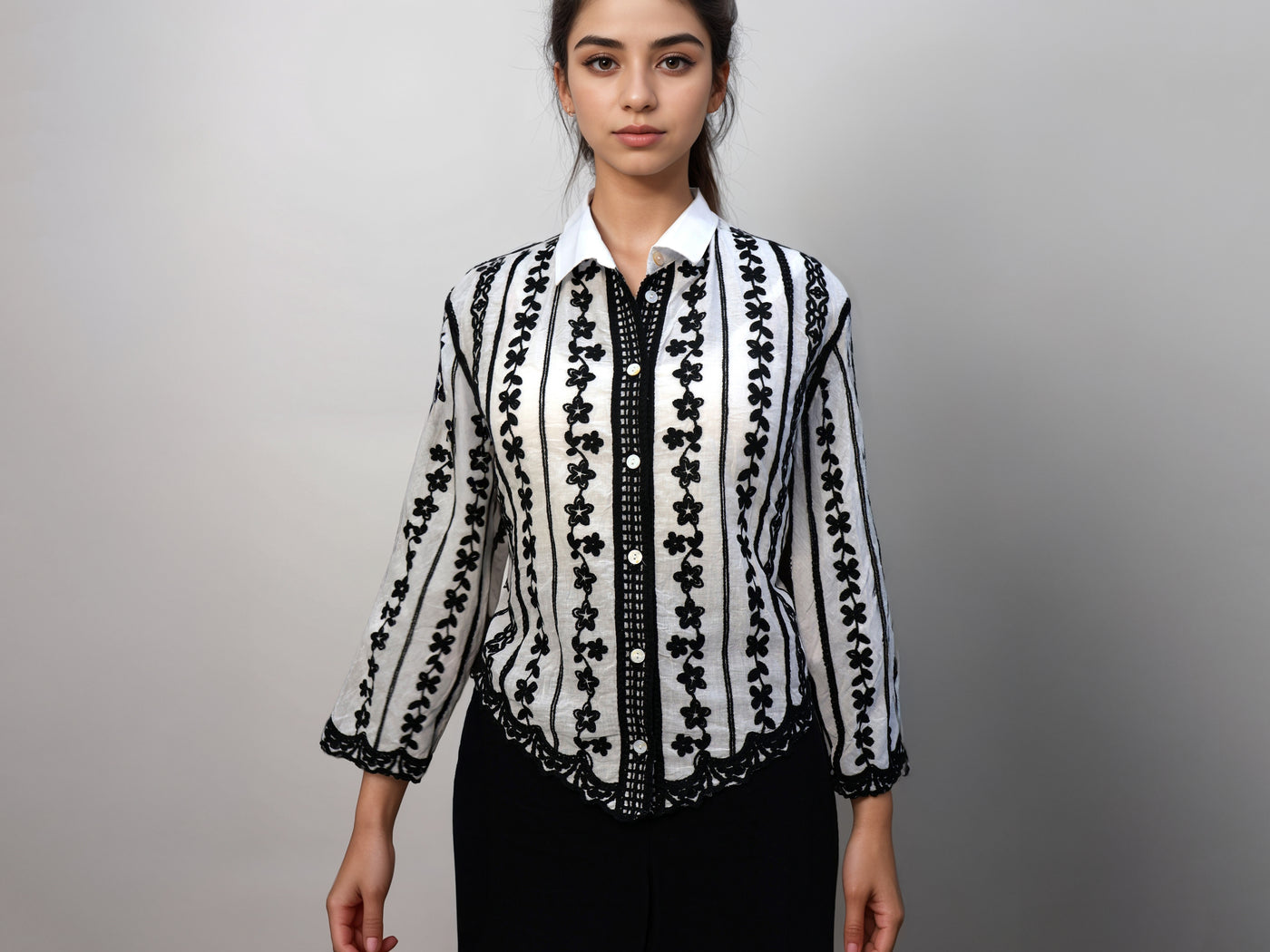Beautiful Black Crochet Embroidered Shirt on White Cotton