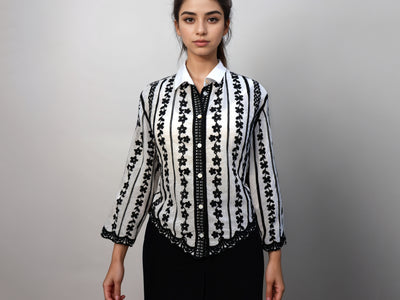 Beautiful Black Crochet Embroidered Shirt on White Cotton