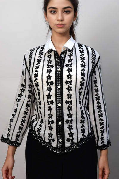 Beautiful Black Crochet Embroidered Shirt on White Cotton