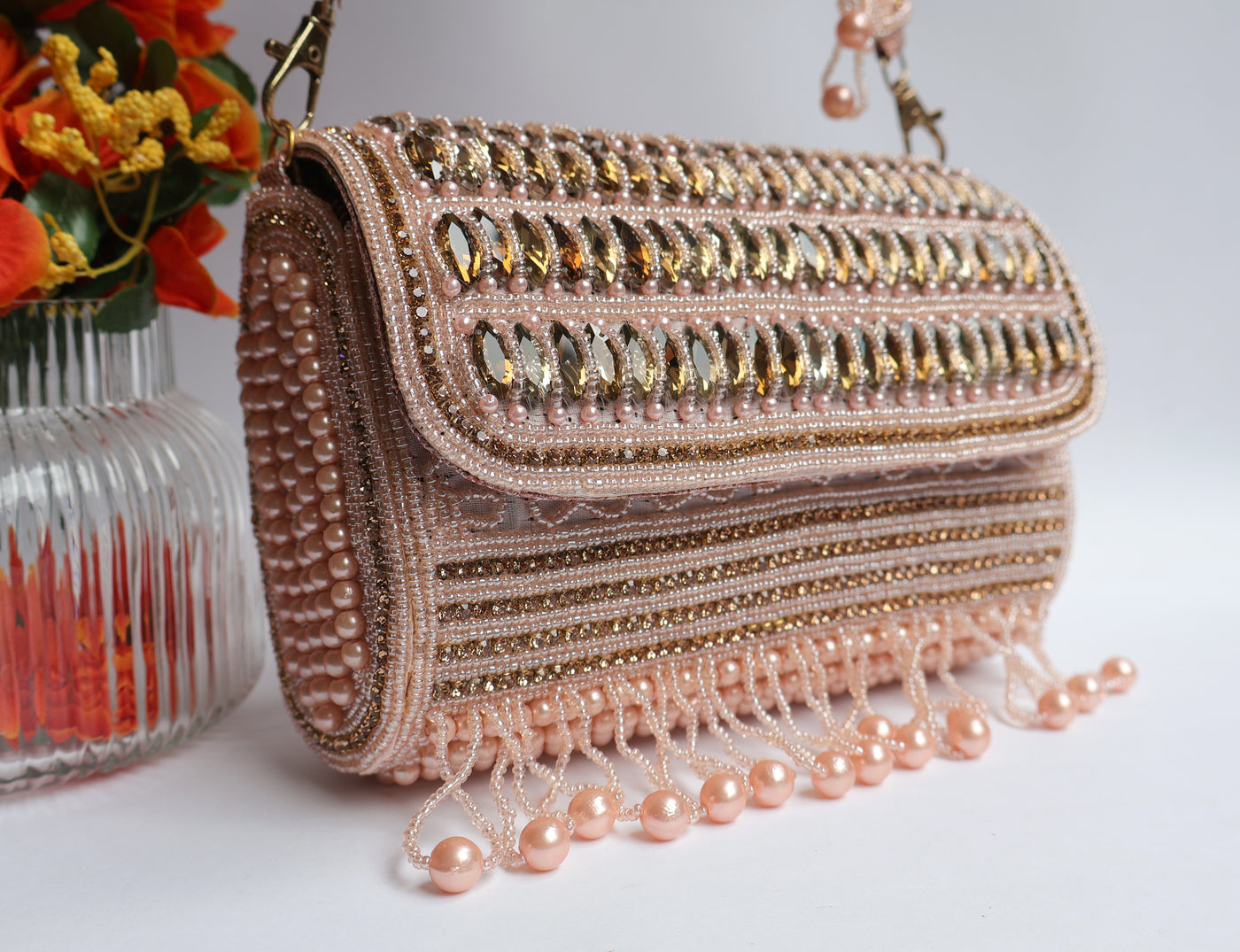 Pink Hand Beaded Bridal Clutch Purse with Suspended Pearls