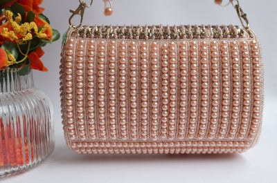 Pink Hand Beaded Bridal Clutch Purse with Suspended Pearls