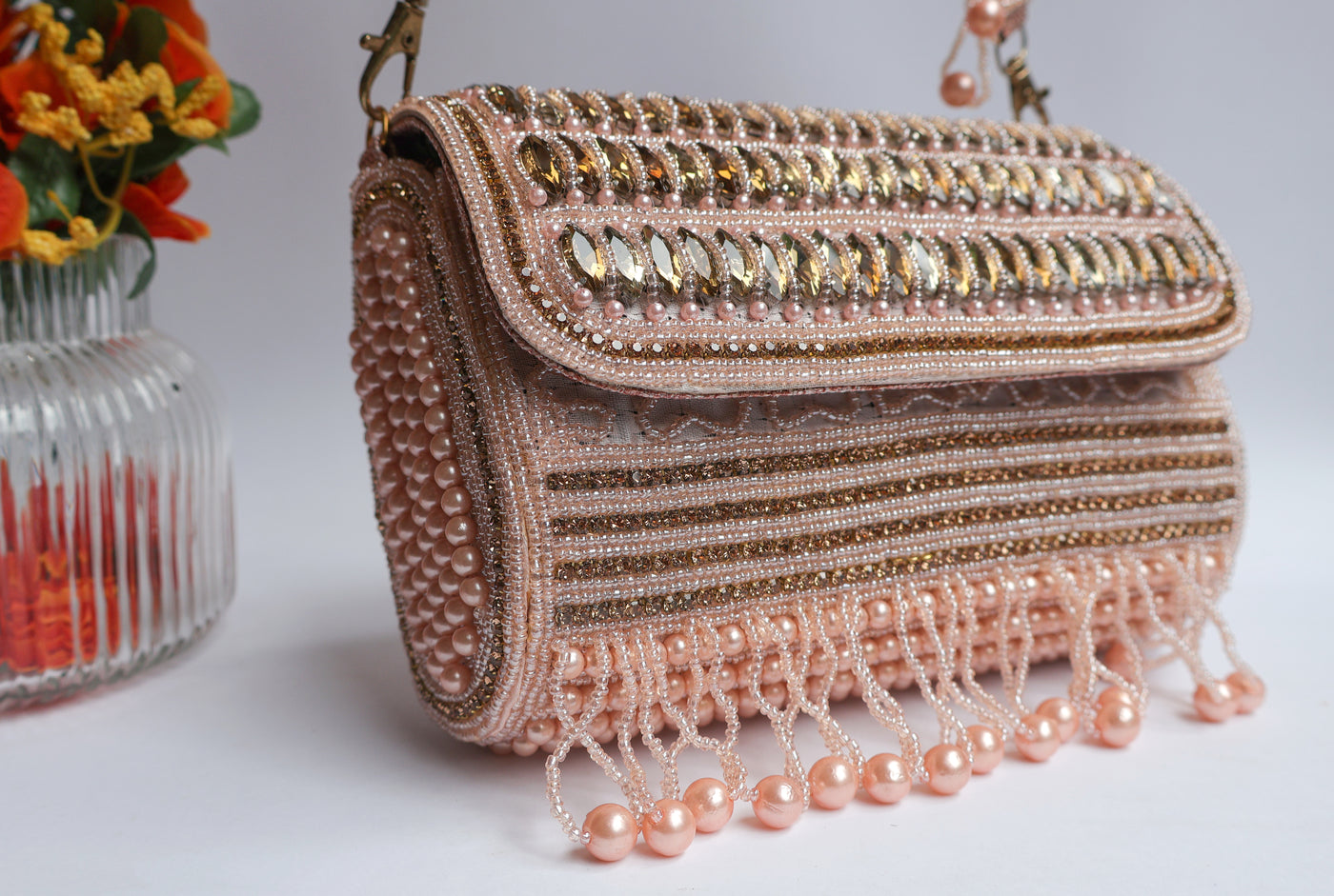 Pink Hand Beaded Bridal Clutch Purse with Suspended Pearls