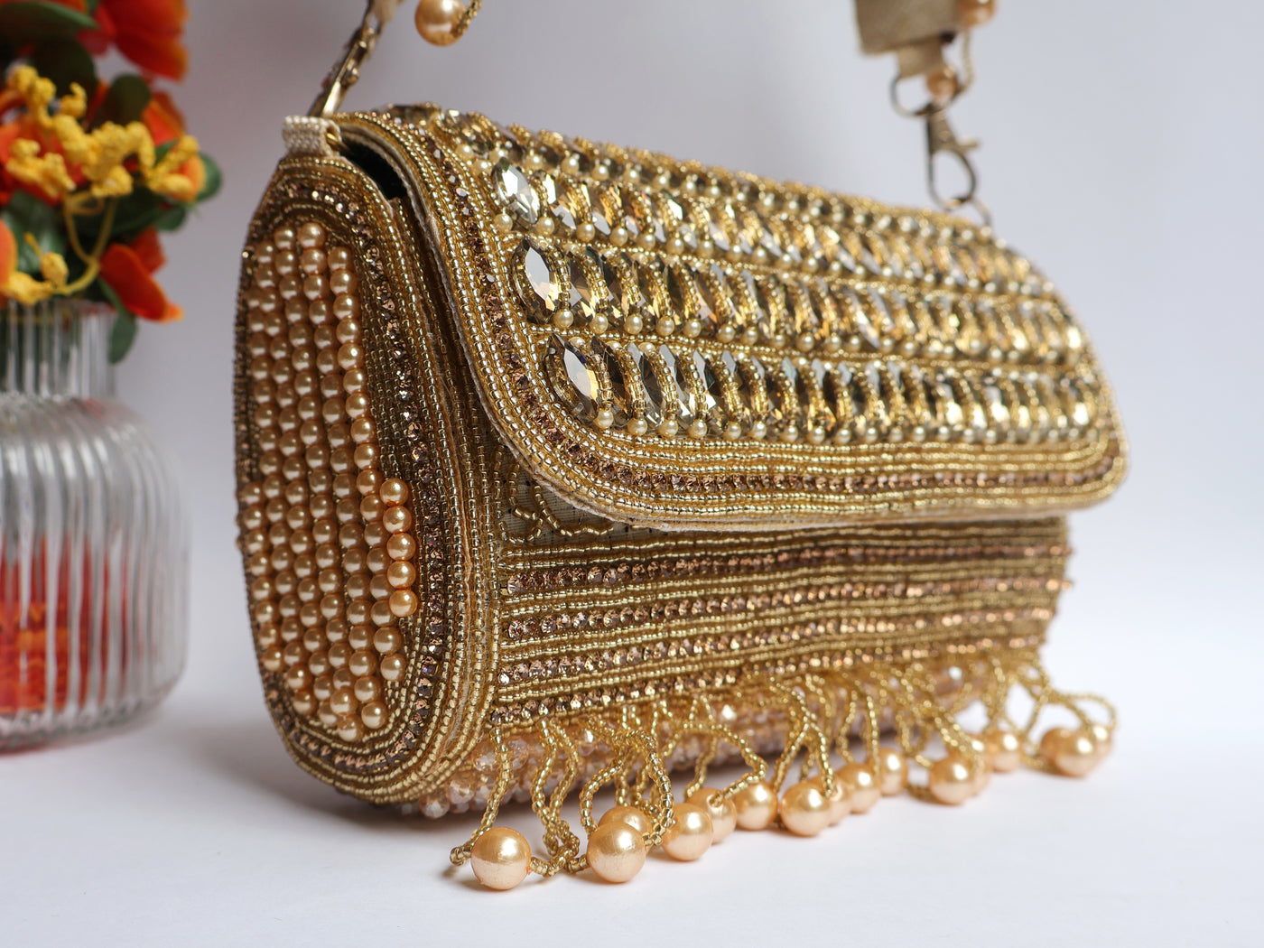 Champagne Gold Crystals Clutch Handbag with Suspended Pearls