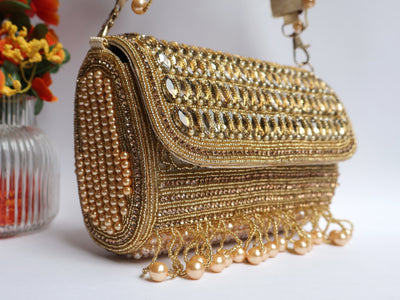 Champagne Gold Crystals Clutch Handbag with Suspended Pearls