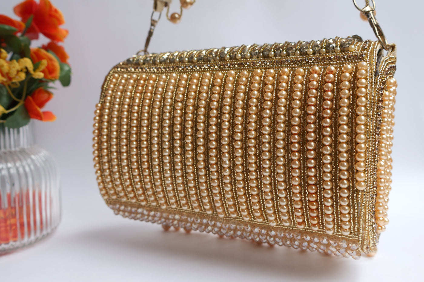 Champagne Gold Crystals Clutch Handbag with Suspended Pearls