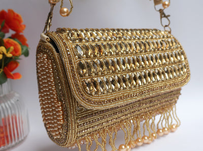 Champagne Gold Crystals Clutch Handbag with Suspended Pearls