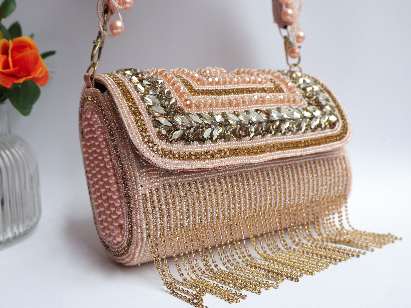 Pink & Gold Hand Beaded Bridal Clutch Purse with Suspended Pearls