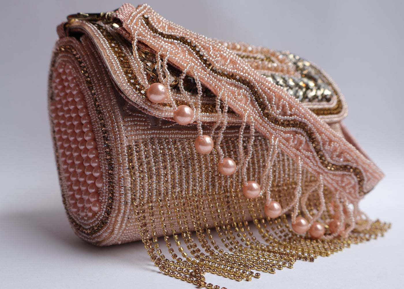 Pink & Gold Hand Beaded Bridal Clutch Purse with Suspended Pearls